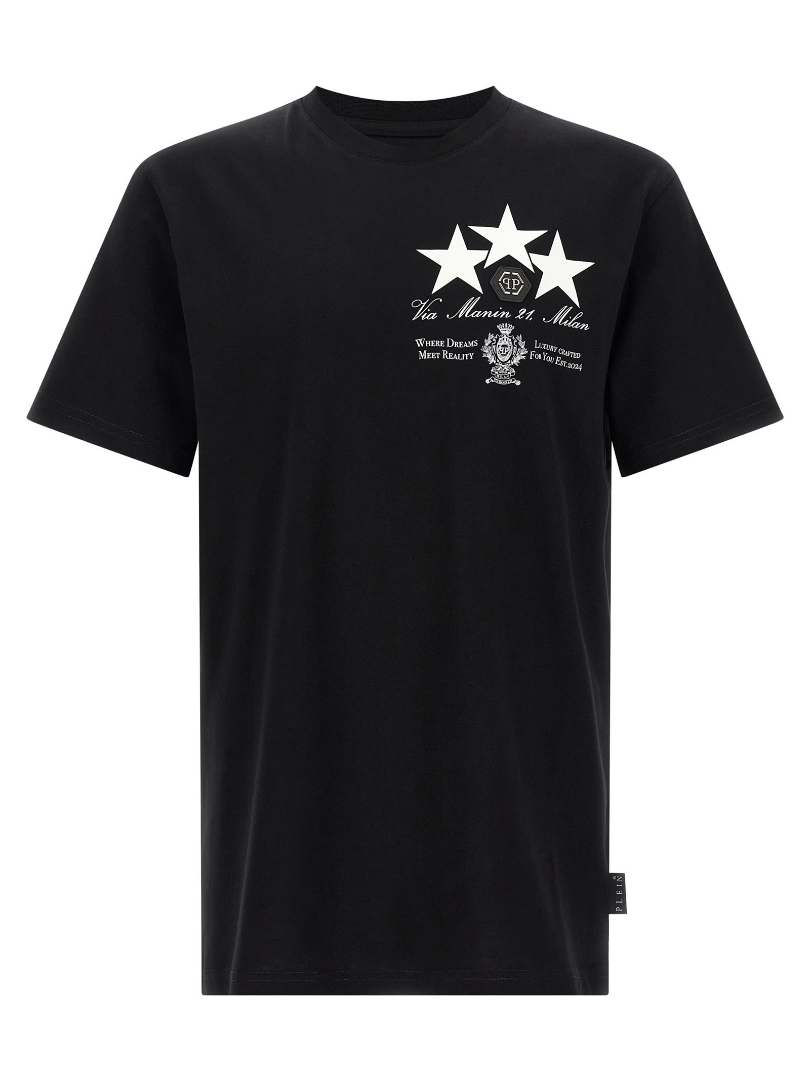 Philipp Plein Crewneck T-shirt With Front Print And Logo Patch In Black