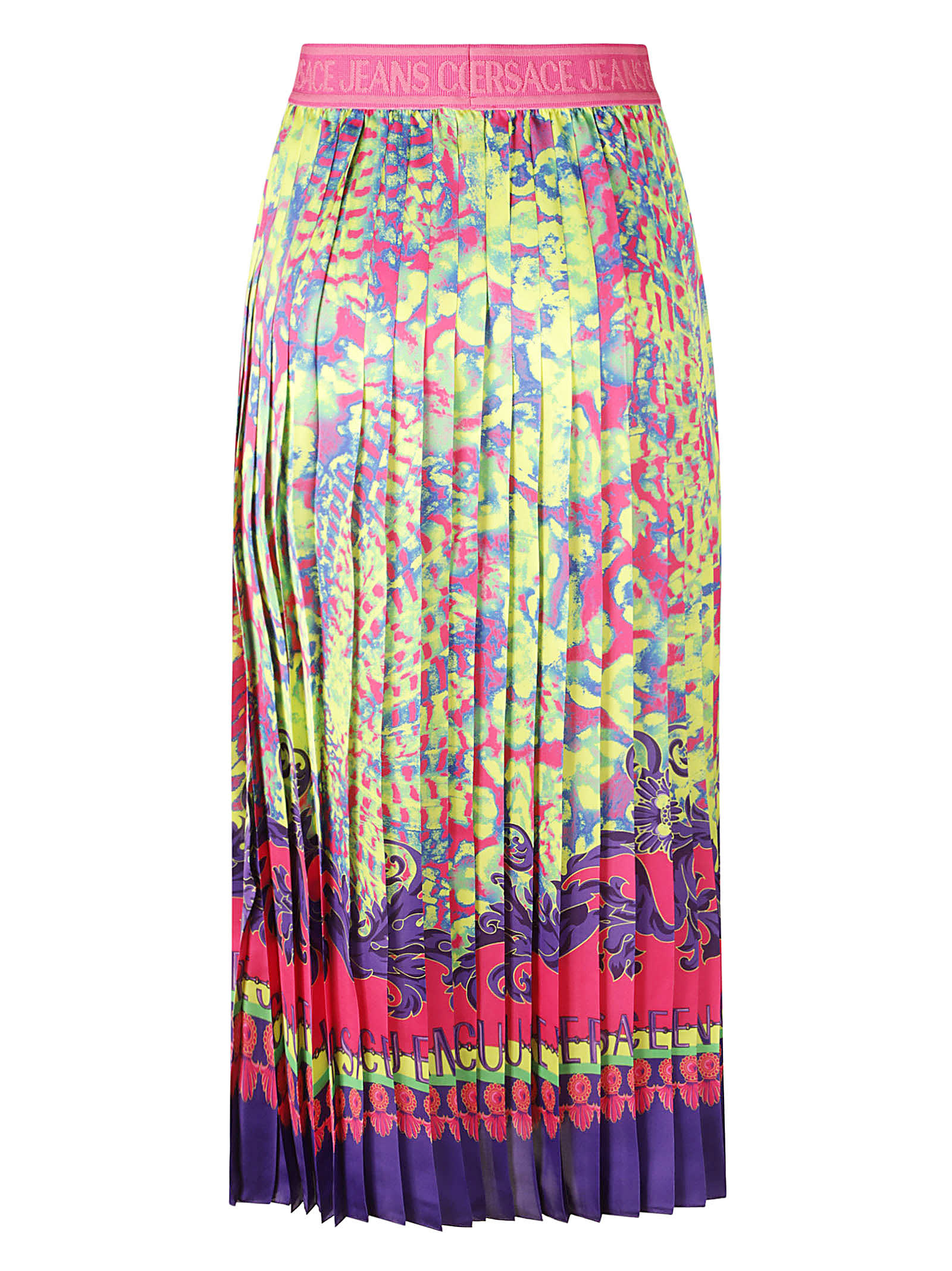Shop Versace Jeans Couture Elastic Logo Waist Pleated Skirt In Multicolor