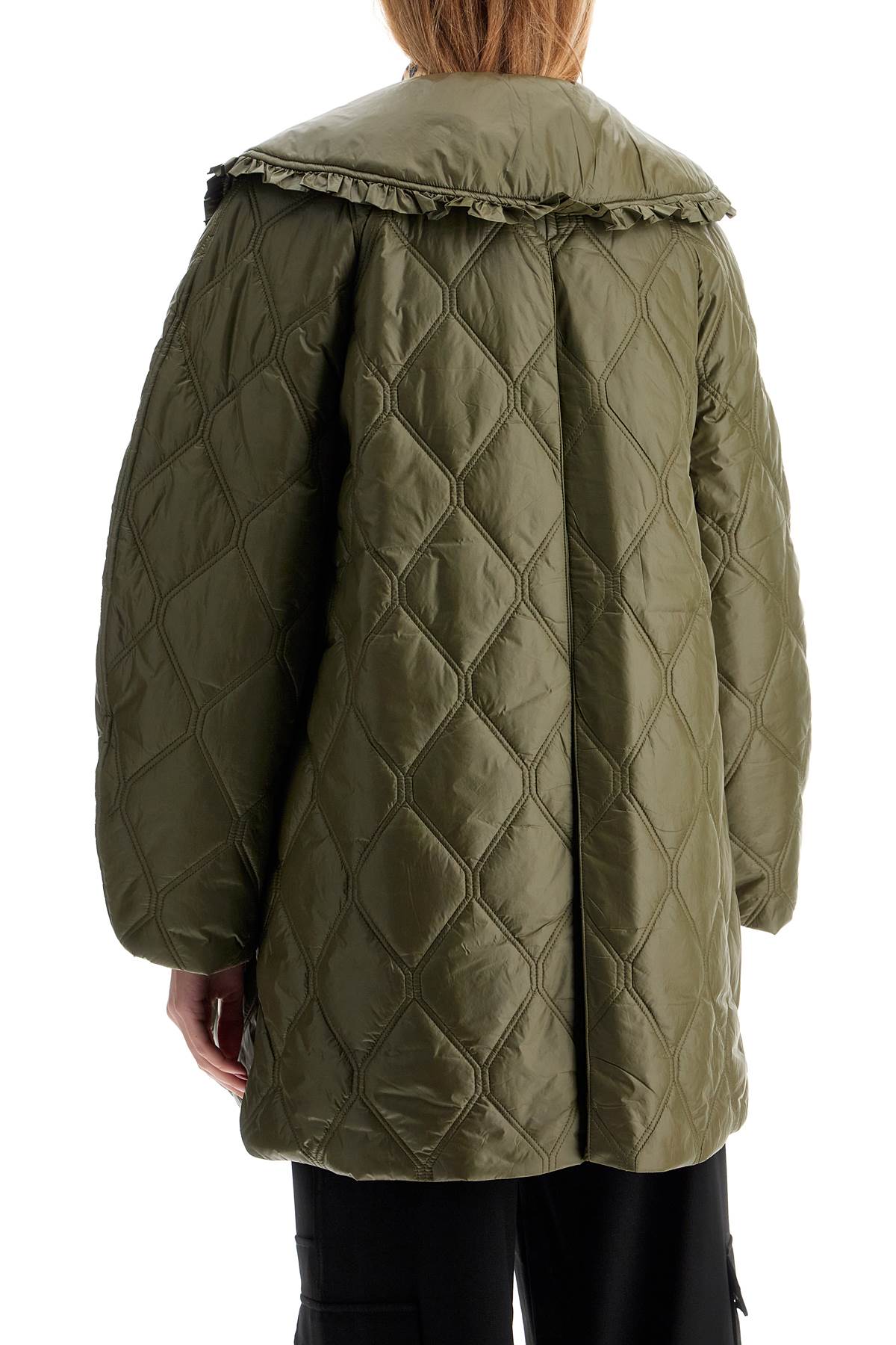 Ganni Lightweight Down Jacket With Oversized Collar In Kalamata (green)