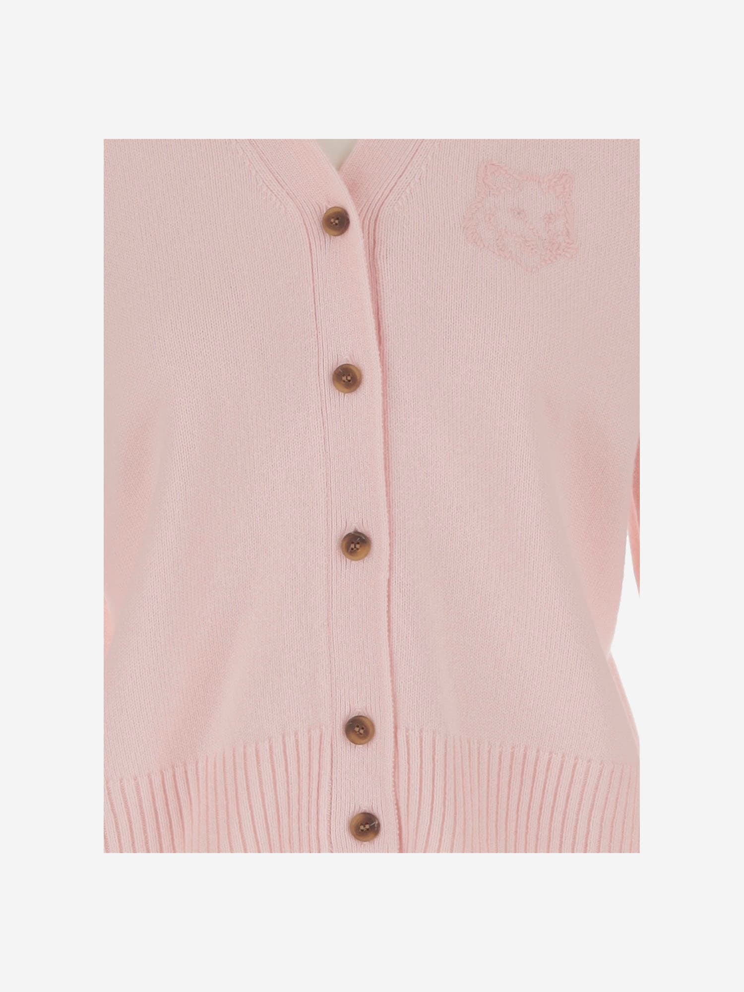 Shop Maison Kitsuné Wool And Cashmere Cardigan With Fox Embroidery In Pink