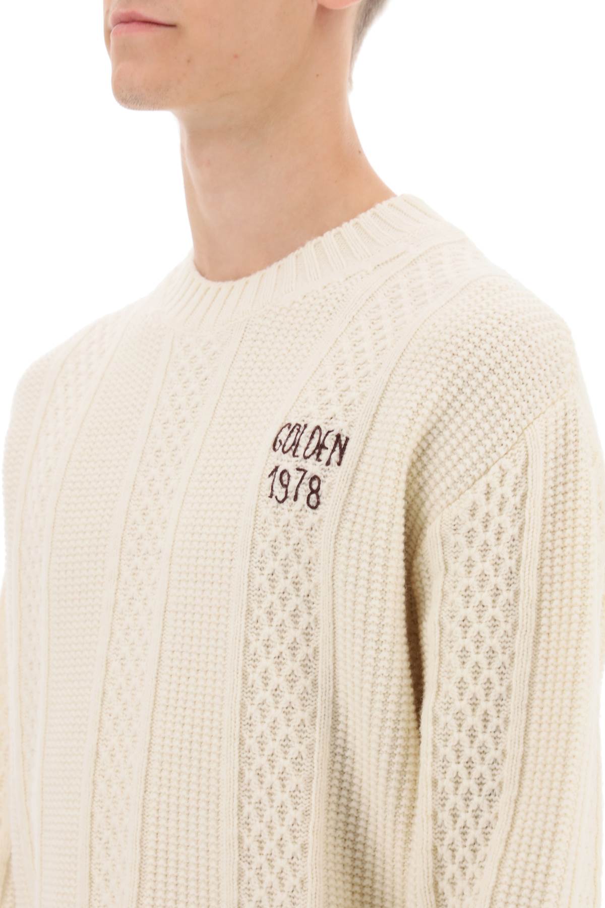 Shop Golden Goose Sweater With Hand-embroidered Logo In Lamb S Wool Sassfrass (white)