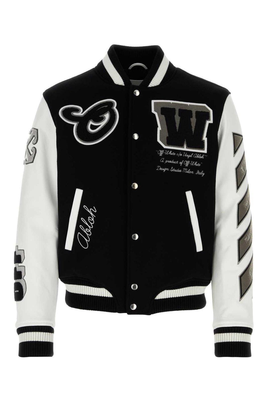Shop Off-white Lea Appliqu Ong-sleeved Varsity Jacket In Black/white