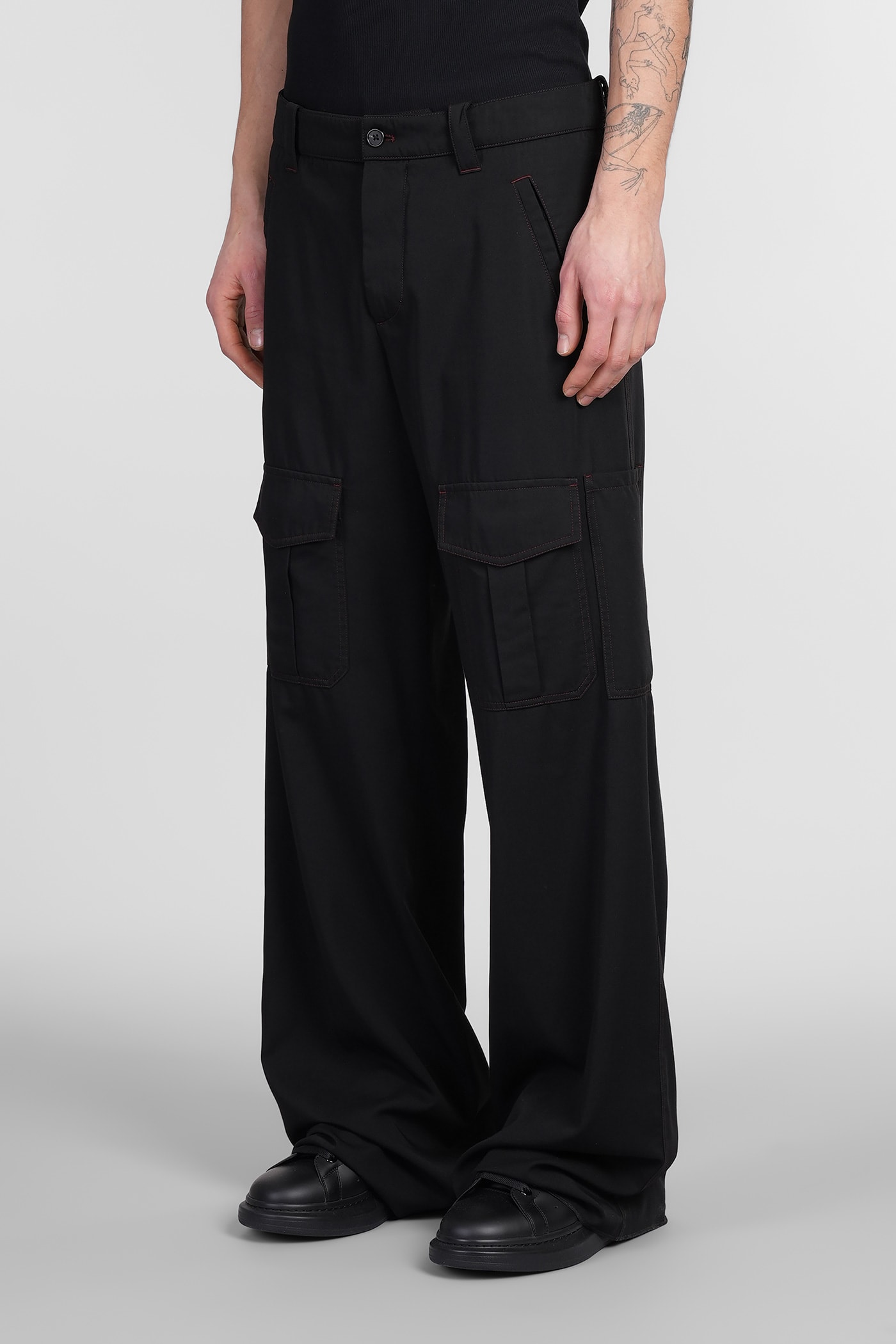 Alexander Mcqueen Black Wool Overdyed Low-rise Cargo Pants In Black