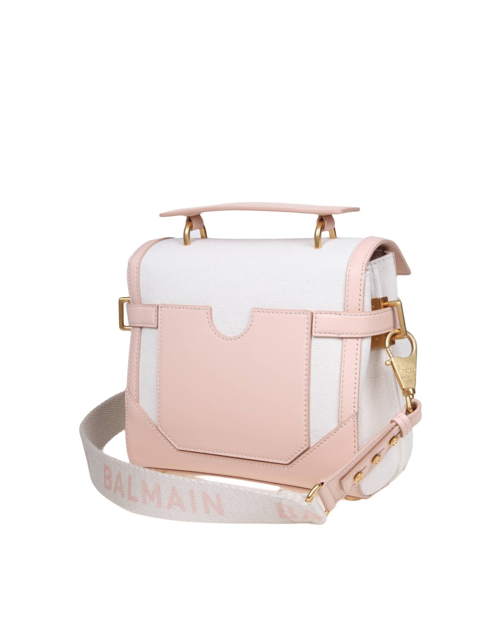 Shop Balmain B-buzz 23 Bag In Canvas And Leather In Creme/nude