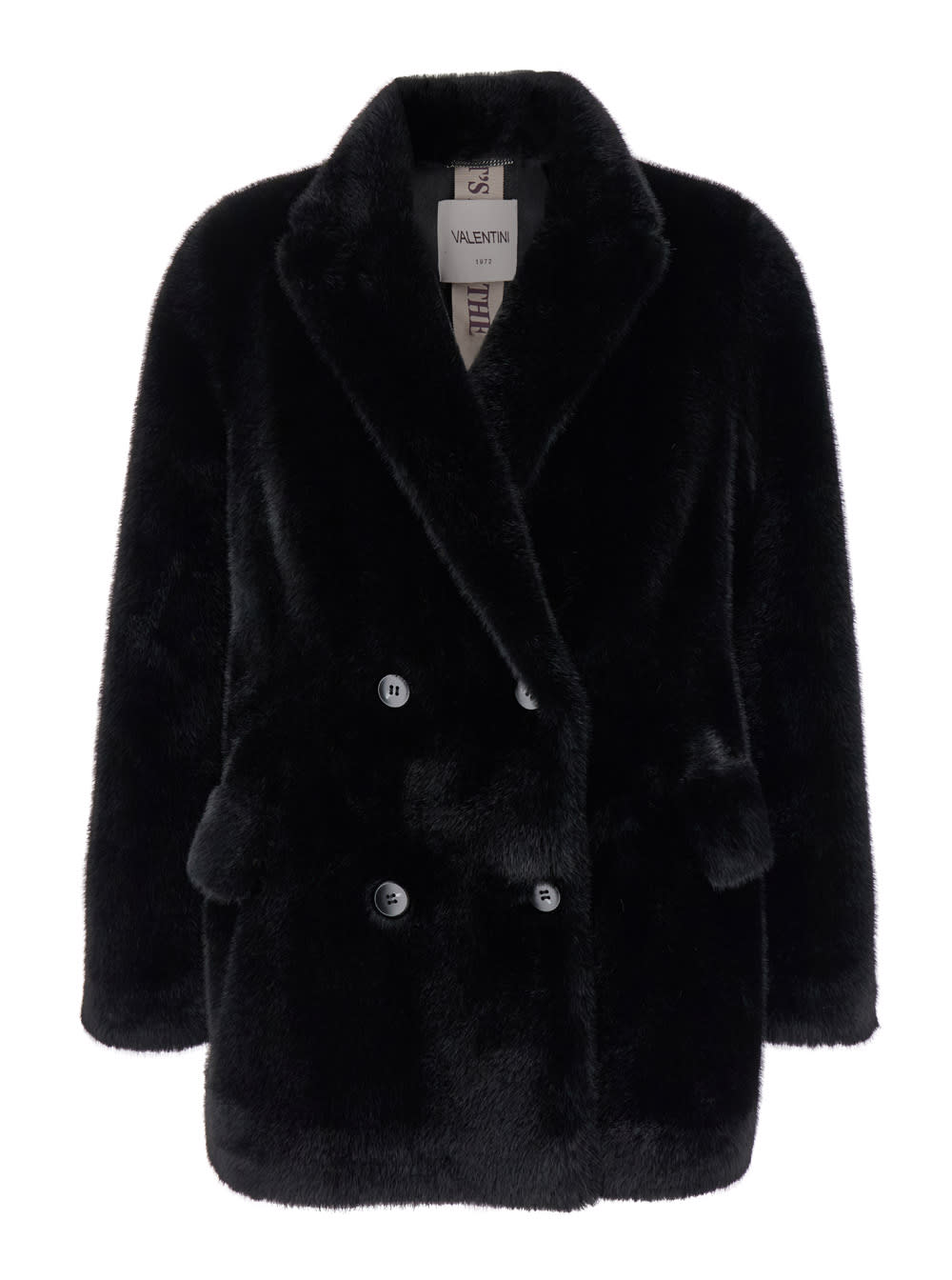 Black Double-breasted Jacket With Notched Revers In Ecofur Woman