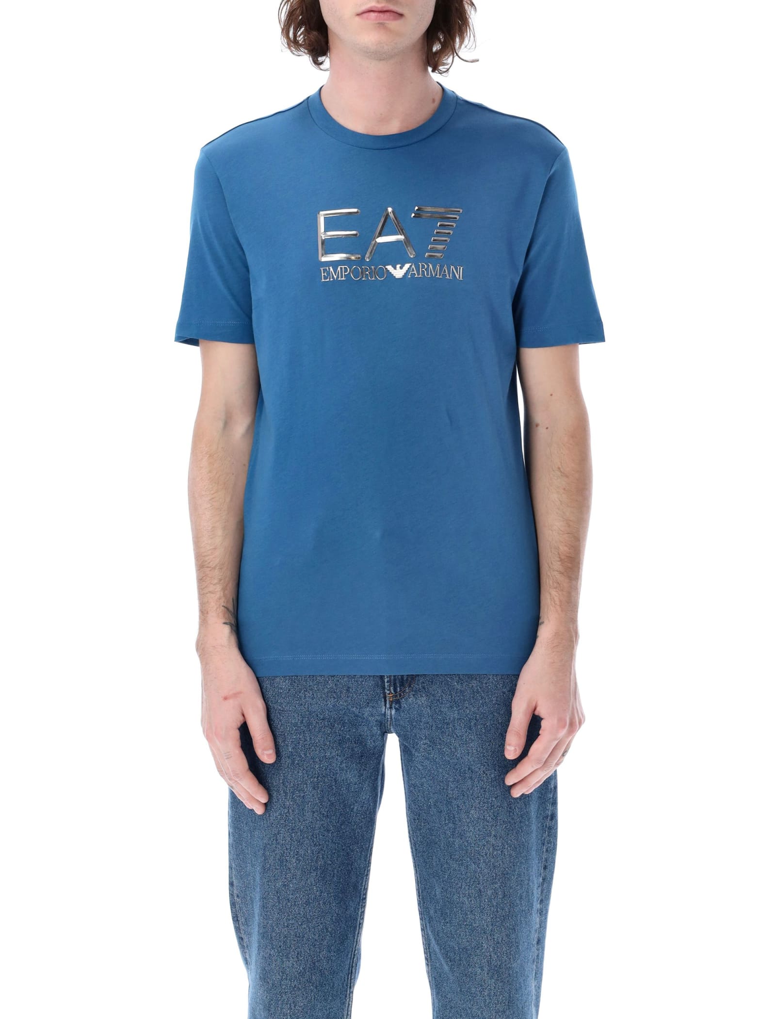 Ea7 Lux Identity Pima Cotton T-shirt In Blue