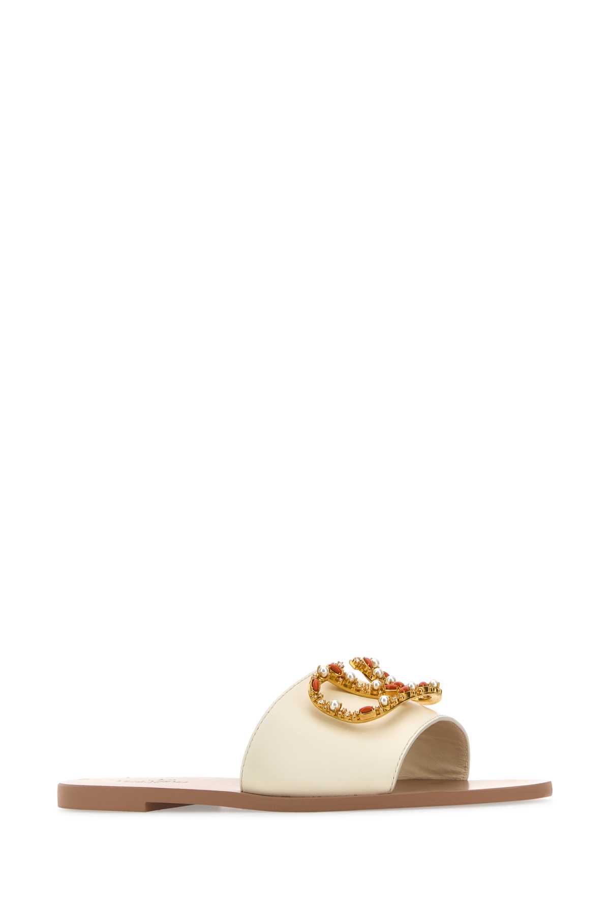 Shop Valentino Ivory Leather Vlogo Signature Slippers