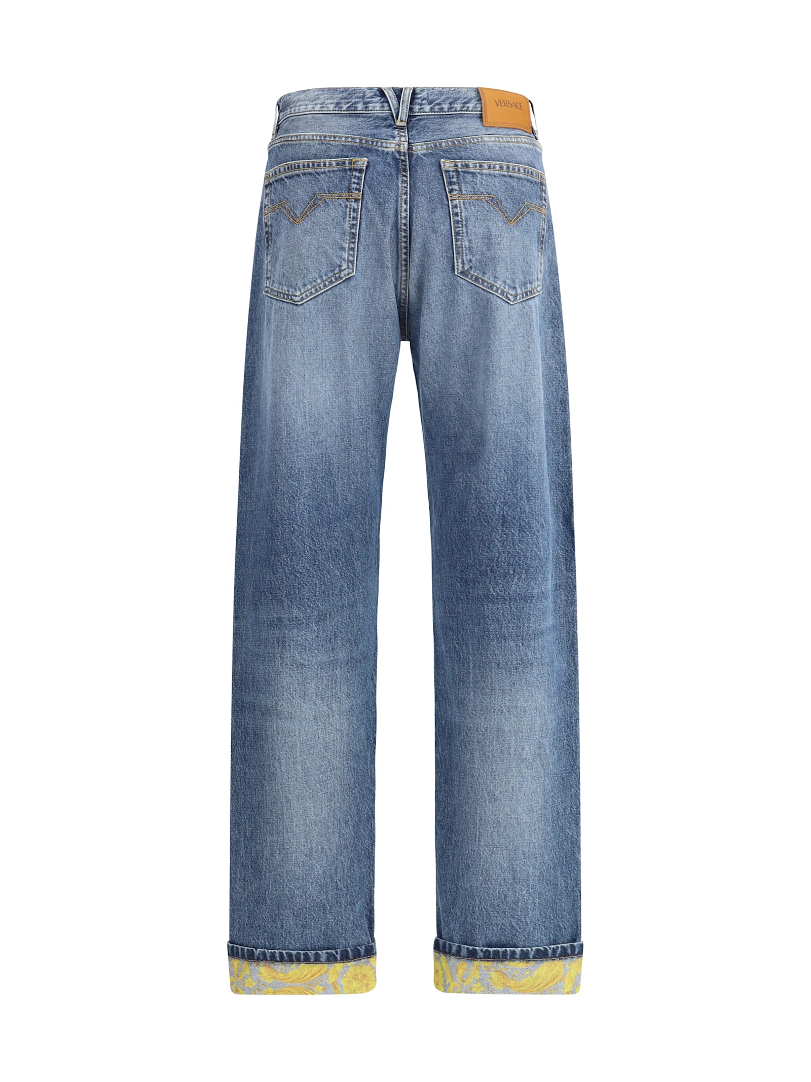 Versace Barocco Turn-up Jeans In Medium Blue