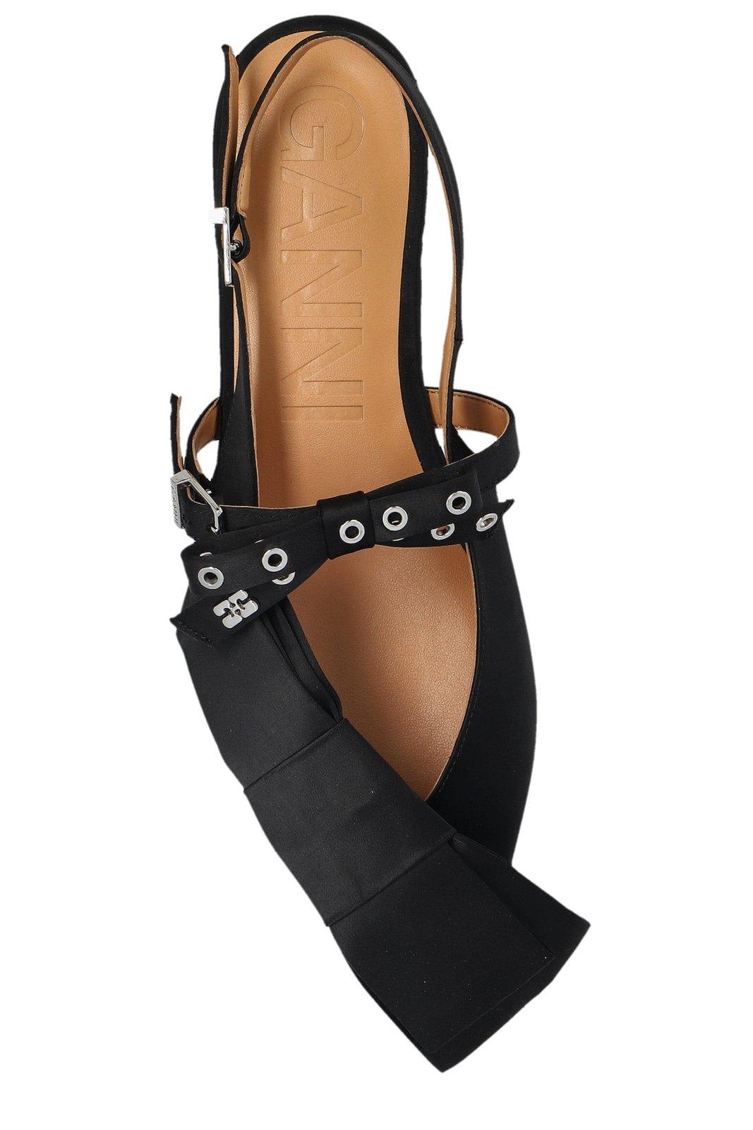 Ganni Big Bow Slingback Pointed-toe Flats In Black