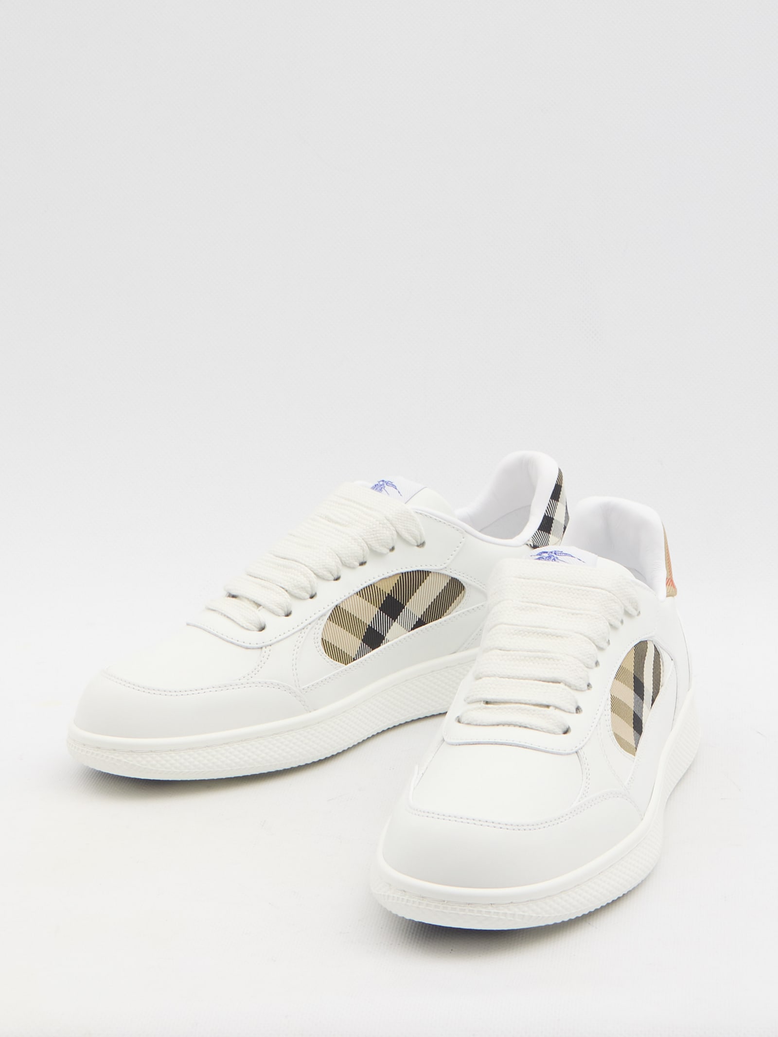 Burberry Men Low-top Leather Sneakers With Check Inserts In White