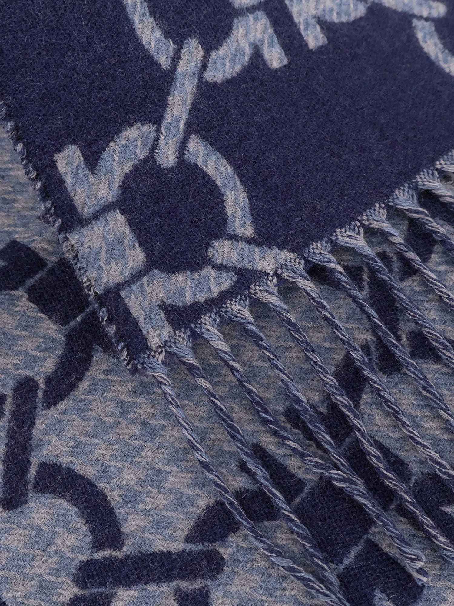 Ferragamo Wool Scarf With Fringe Detail And Geometric Pattern In Blue