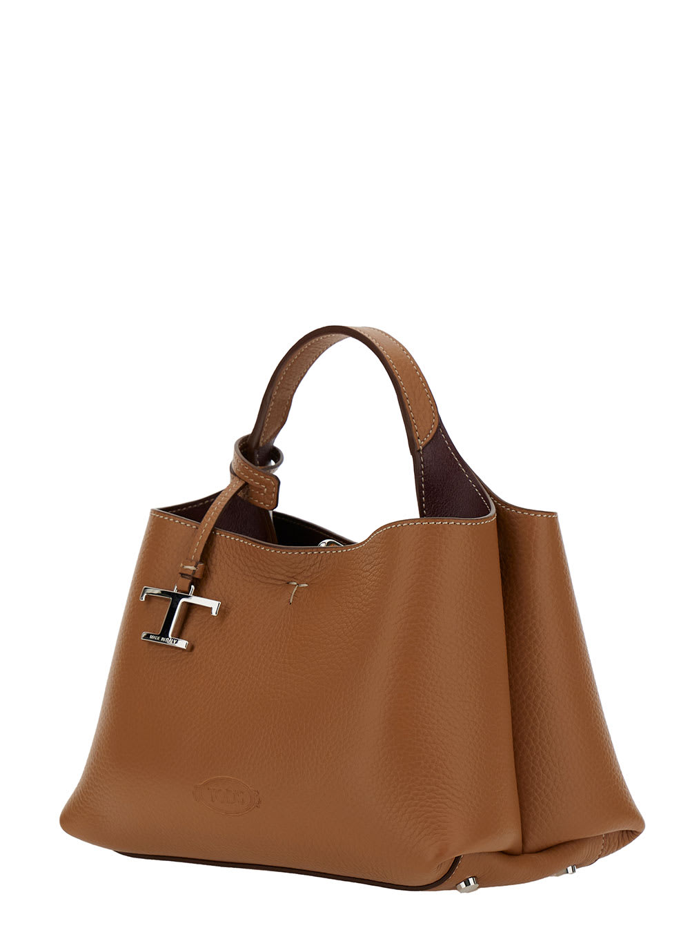Tod's Micro Beige Handbag With Embossed Logo And T Timeless Pendant In Grain Leather Woman In Brown