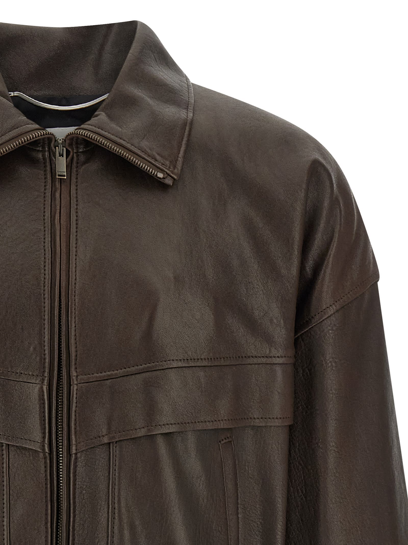 Saint Laurent Lambskin Zip Bomber Jacket In Brown