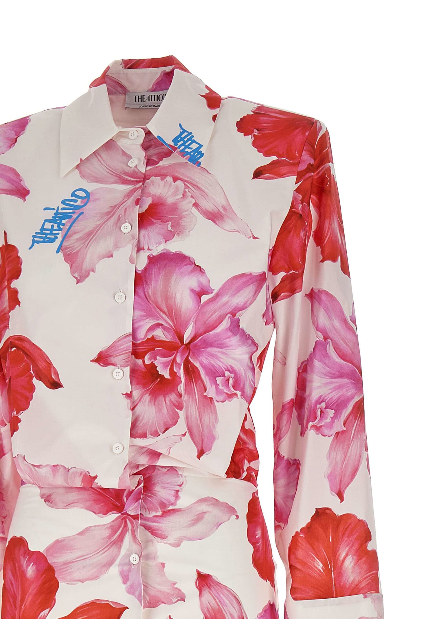 Attico Margot Floral Cotton Shirt Dress In Pink/white