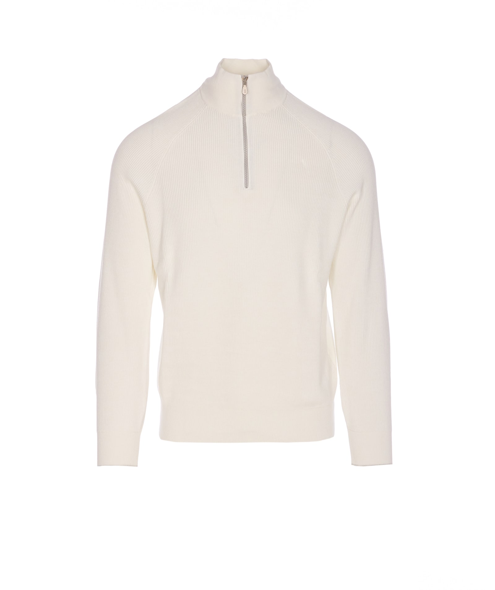 Brunello Cucinelli Men English Rib Cotton Sweater With Zip Opening In White