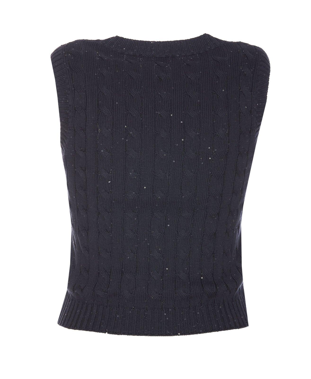 Shop Brunello Cucinelli Sequin Embellished Cable-knitted Top In Black