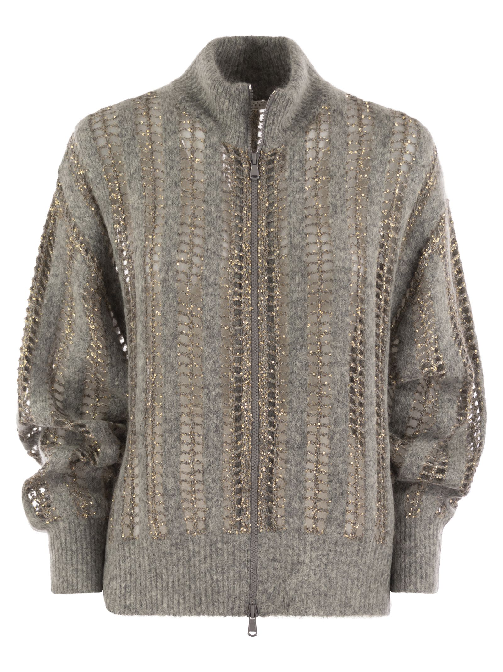 Brunello Cucinelli Wool And Mohair Cardigan With Mesh Workmanship In Gray