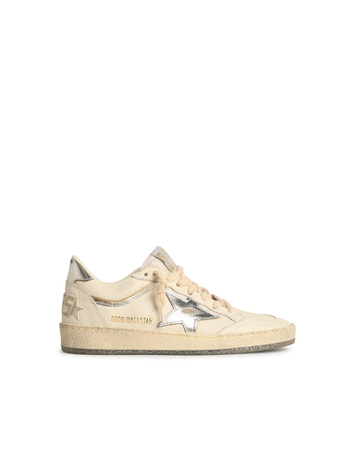 Golden Goose Ball-star White Leather Sneakers With Silver Star And Heel In Neutral