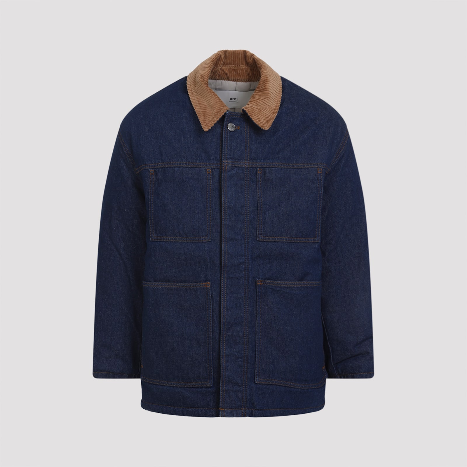 Ami Alexandre Mattiussi Dark Denim Jacket With Brown Corduroy Collar In Black