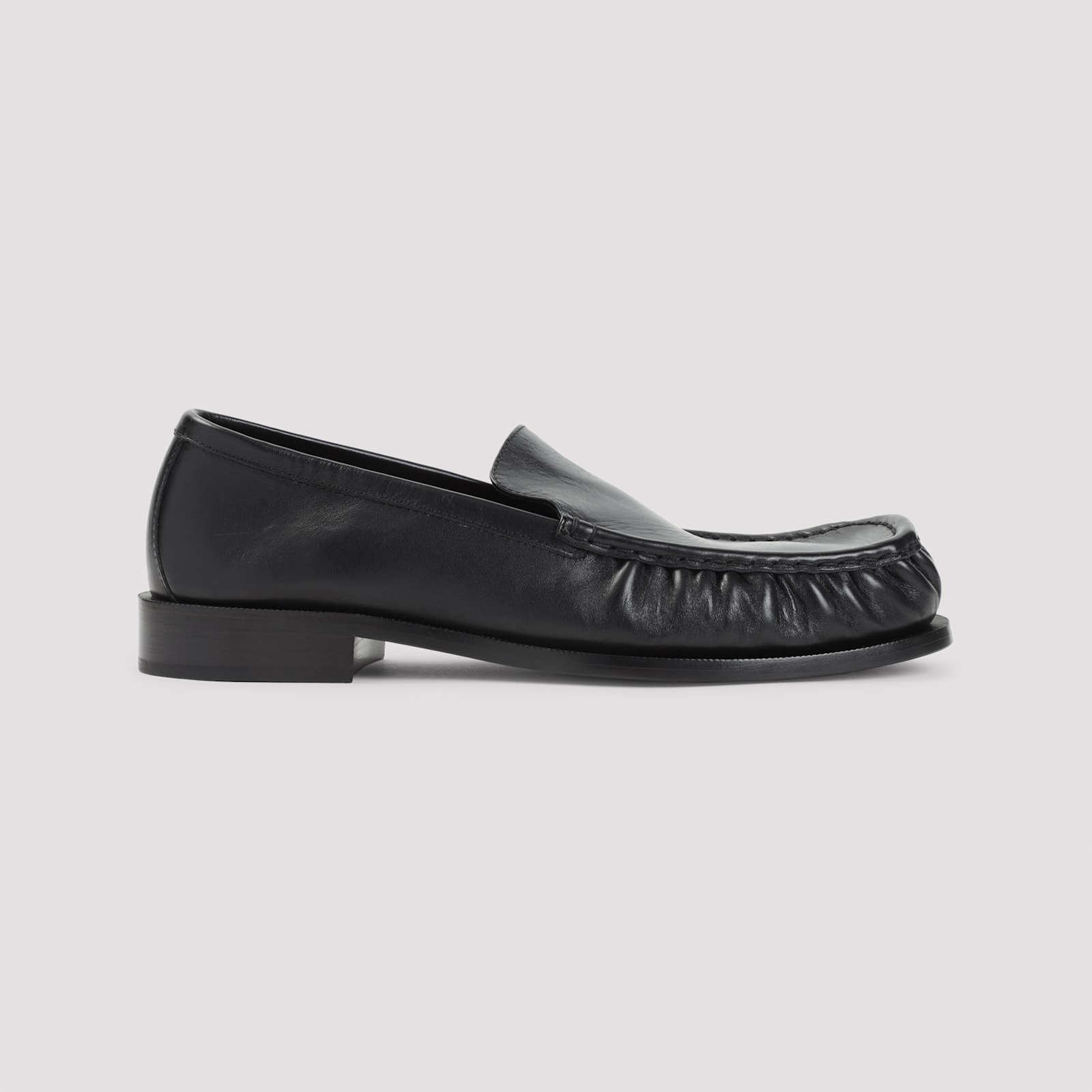 Dries Van Noten Squared Toe Black Leather Loafers With Embossed Stitching In Black