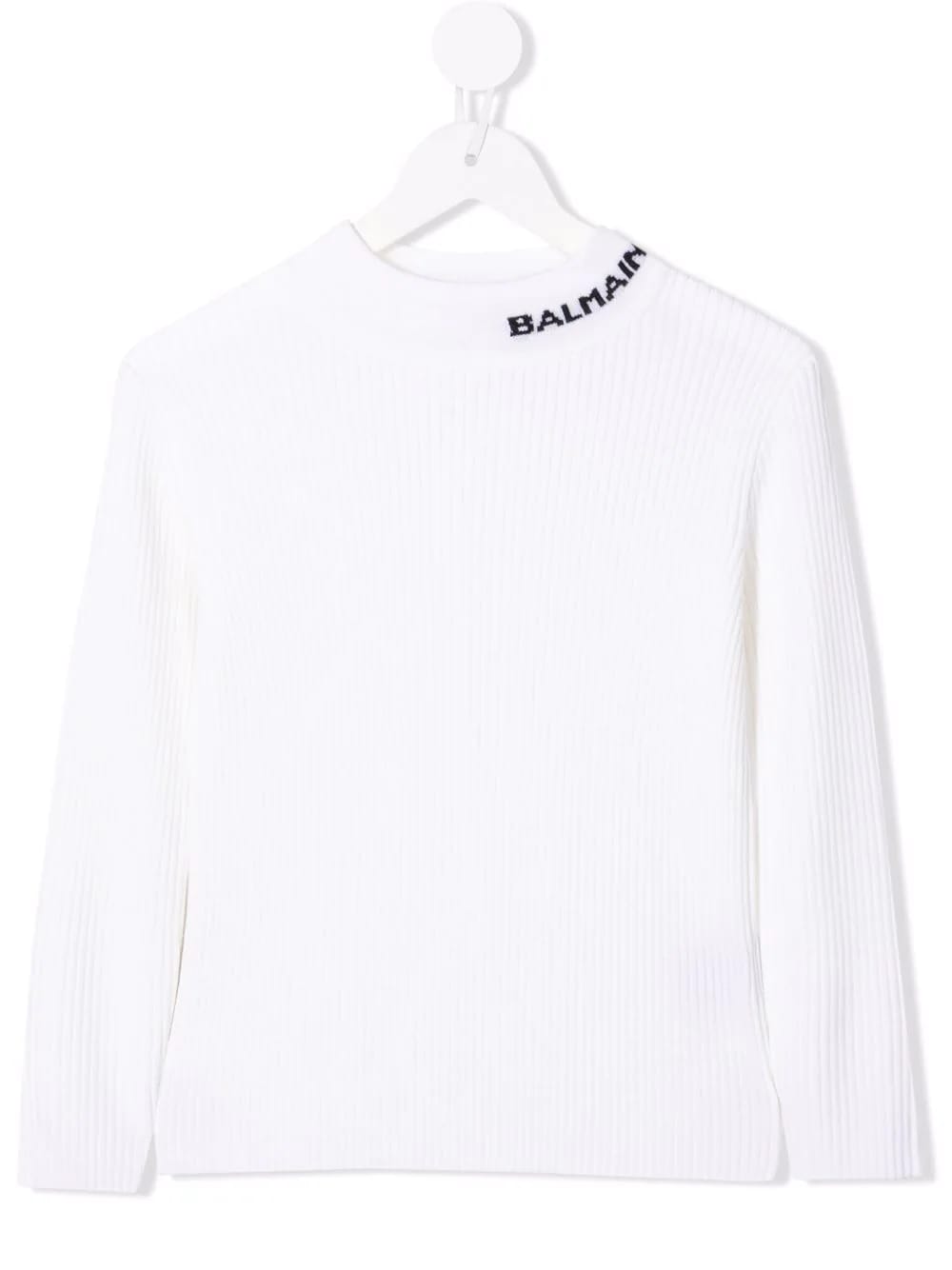 Balmain Kids White Ribbed Wool Sweater With Logo On The Neckline