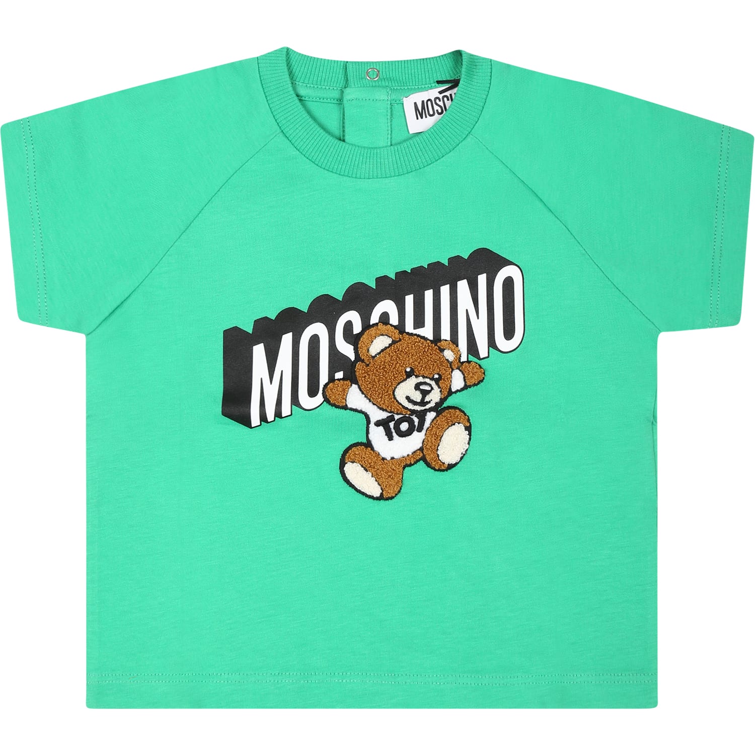 Shop Moschino Green T-shirt For Babykids With Teddy Bear And Logo