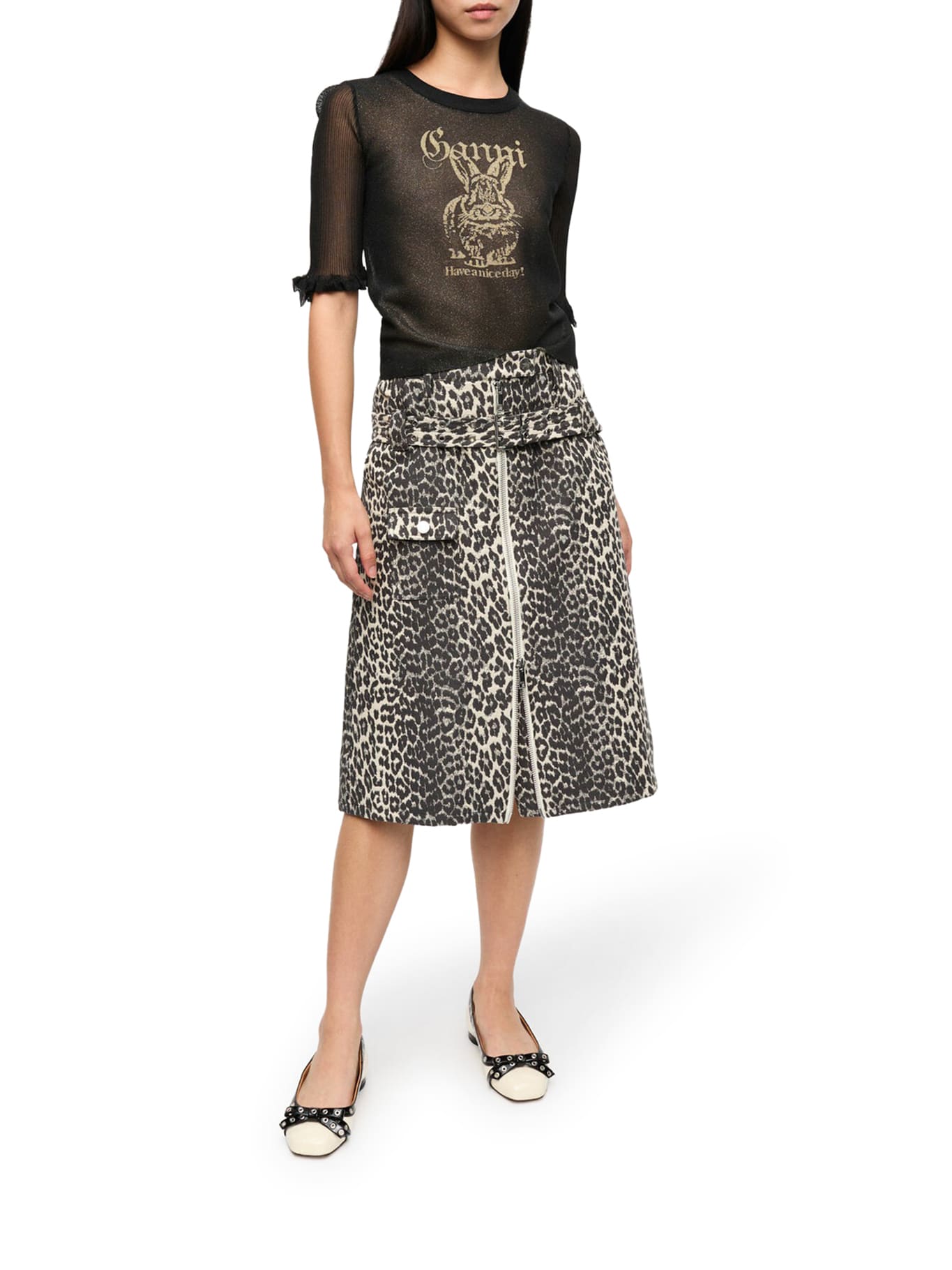 Ganni Transparent Jacquard Top With Playful Graphic In Black
