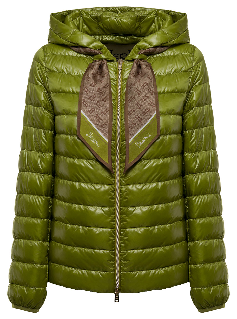 Herno Green Nylon Down Jacket With Foulard Detail