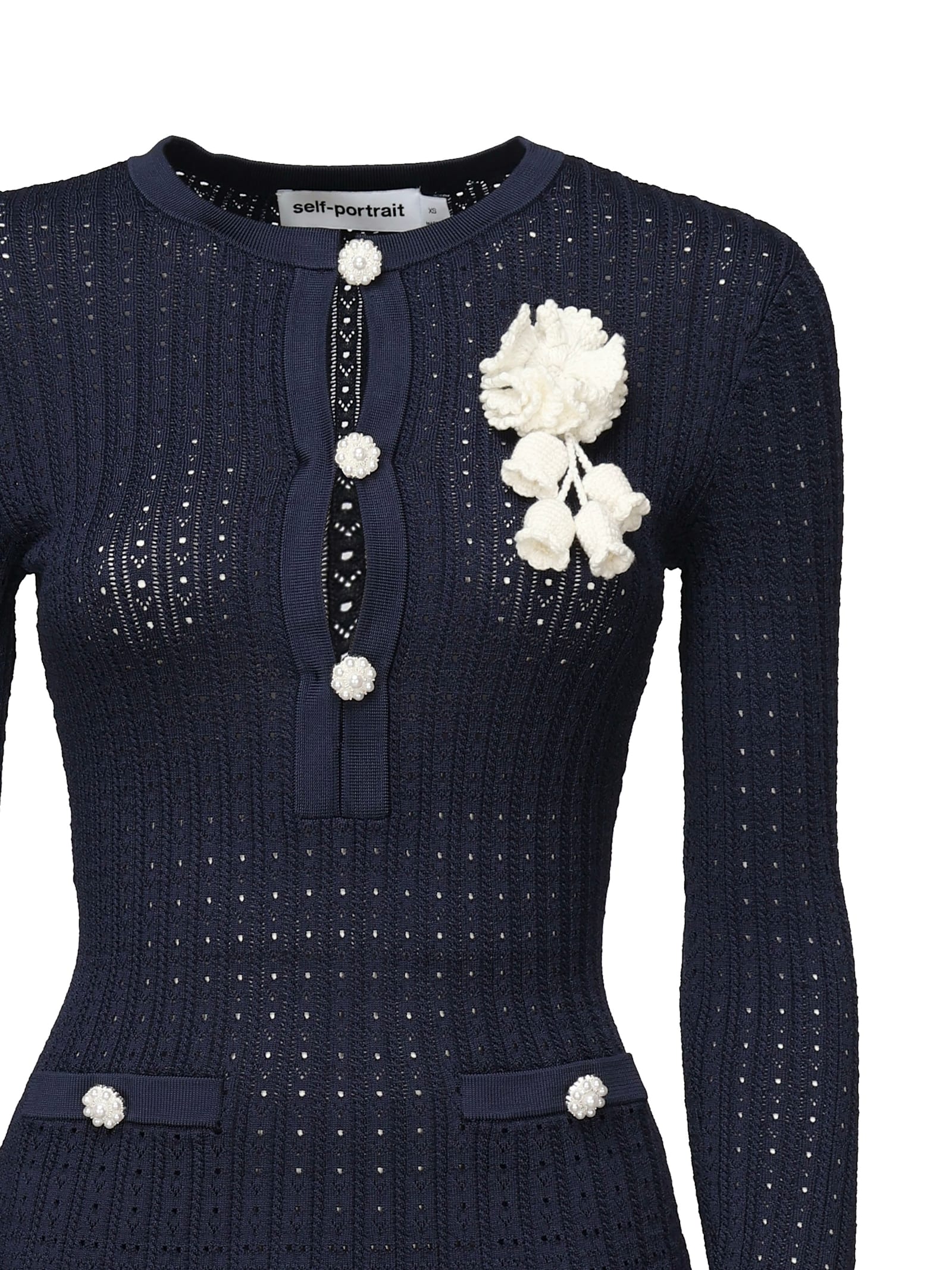 Self-portrait Blue Crewneck Midi Dress With Flower Embellishment On The Front And Crochet Knit In Viscose Blend St In Blue