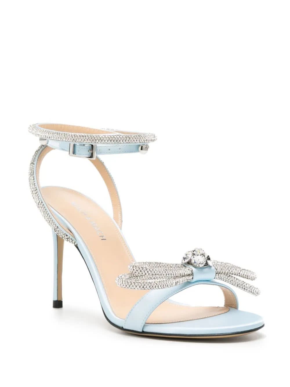 Shop Mach &amp; Mach Double Bow 95 Mm Sandals In Light Blue Satin With Crystals