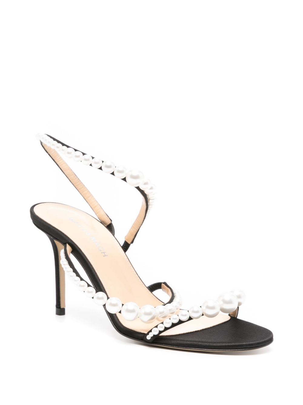 Shop Mach &amp; Mach Sirene Satin Round Toe Pearl Sandals In Black