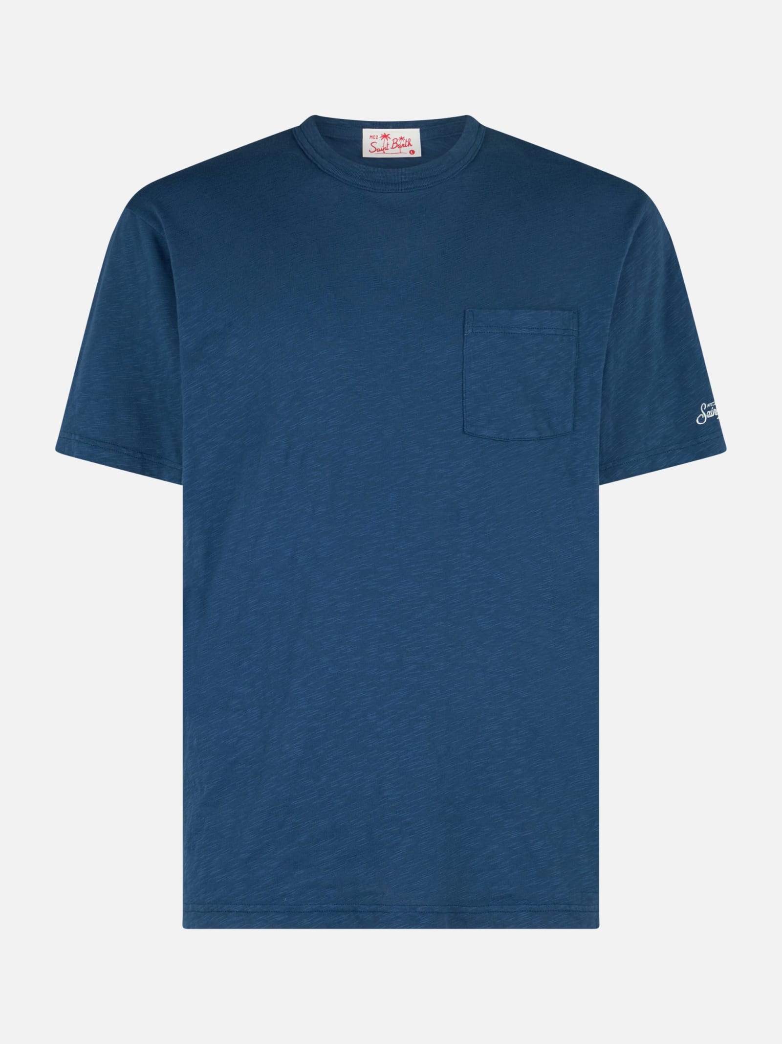 Shop Mc2 Saint Barth Man Blue Flamed Cotton T-shirt President With Embroidery