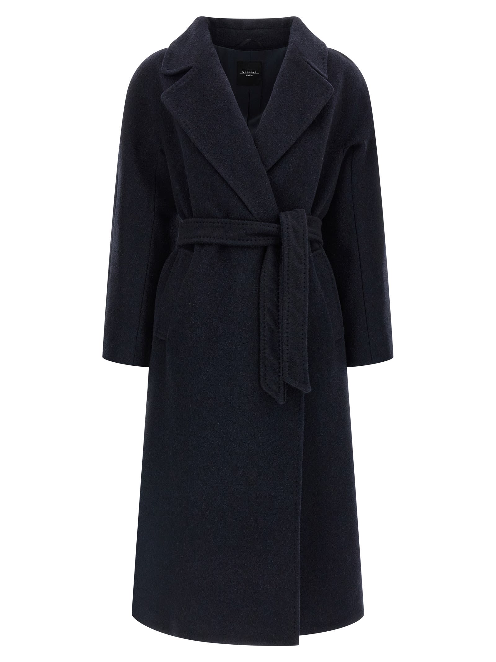 Weekend Max Mara Belted Long Sleeve Coat Side Pockets In Blue