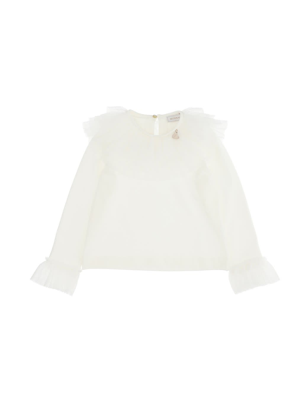 Monnalisa White Cotton Blouse With Tulle Details