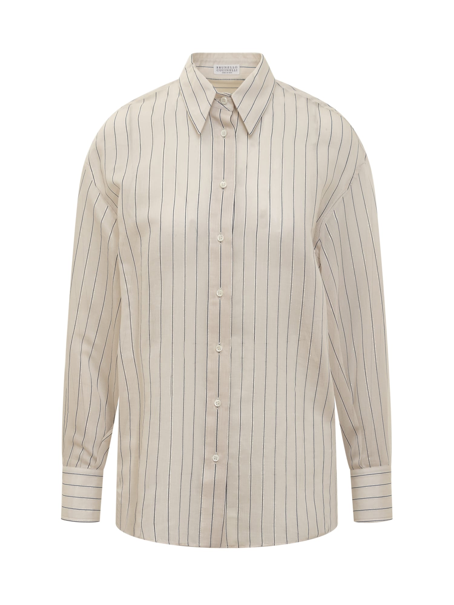 Shop Brunello Cucinelli Cotton And Silk Sparkling Stripe Poplin Shirt With Monile In Salgemma/bianco/nero
