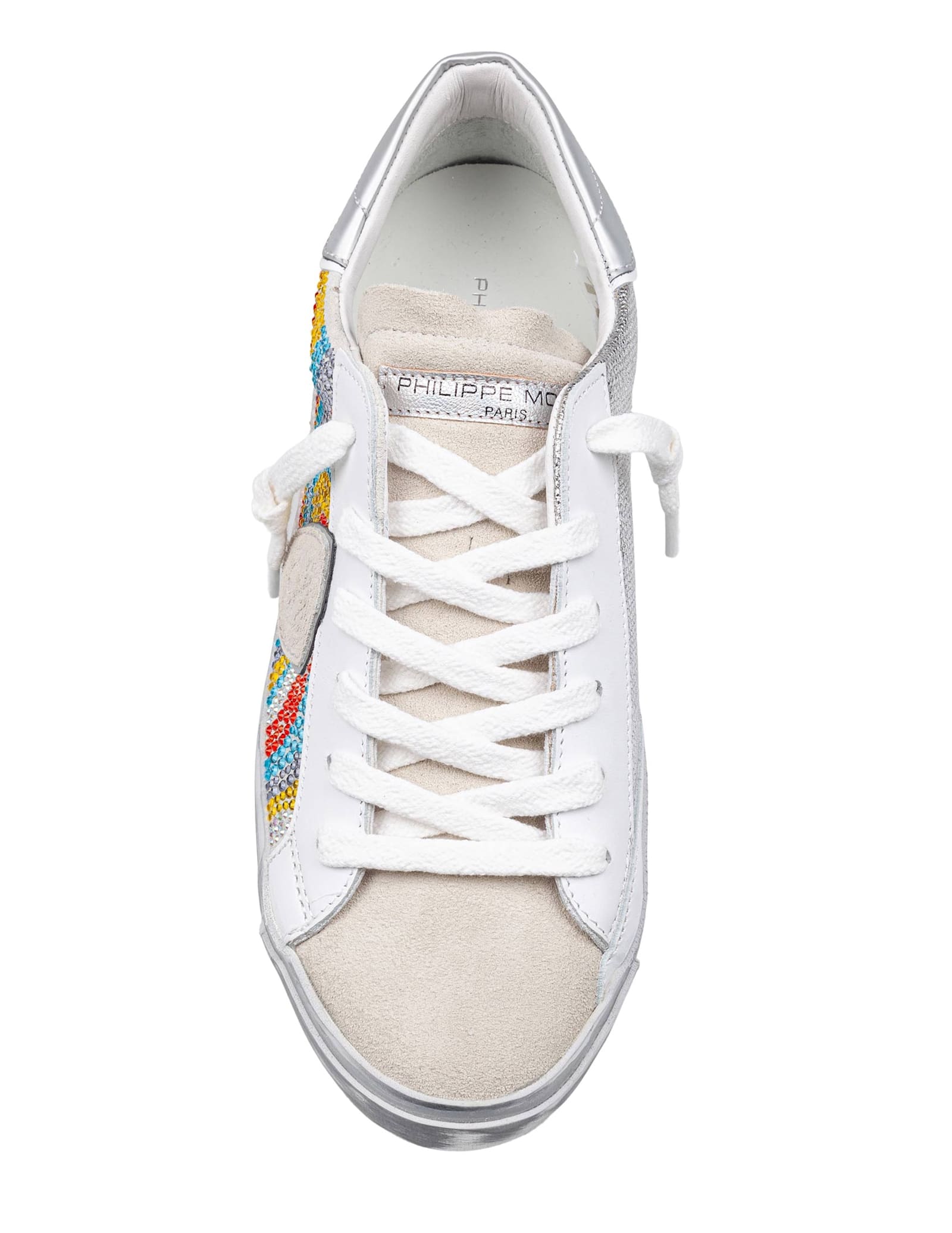 Philippe Model Prsx Low Sneakers In Leather And Suede With Micro Crystals In Multicolor