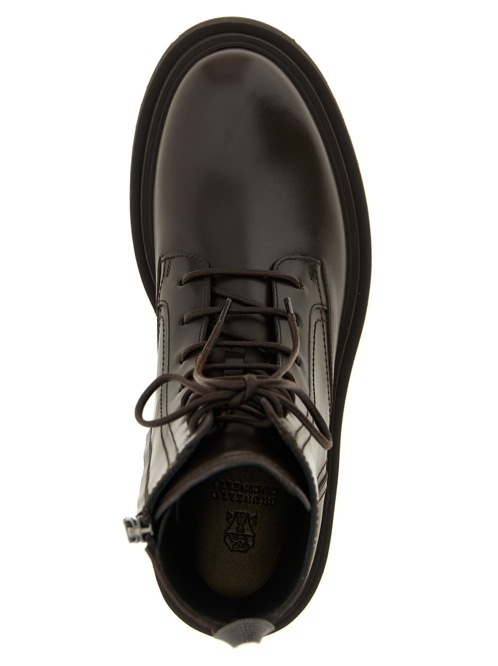 Brunello Cucinelli Shiny Loop Detail Combat Boots In Brown