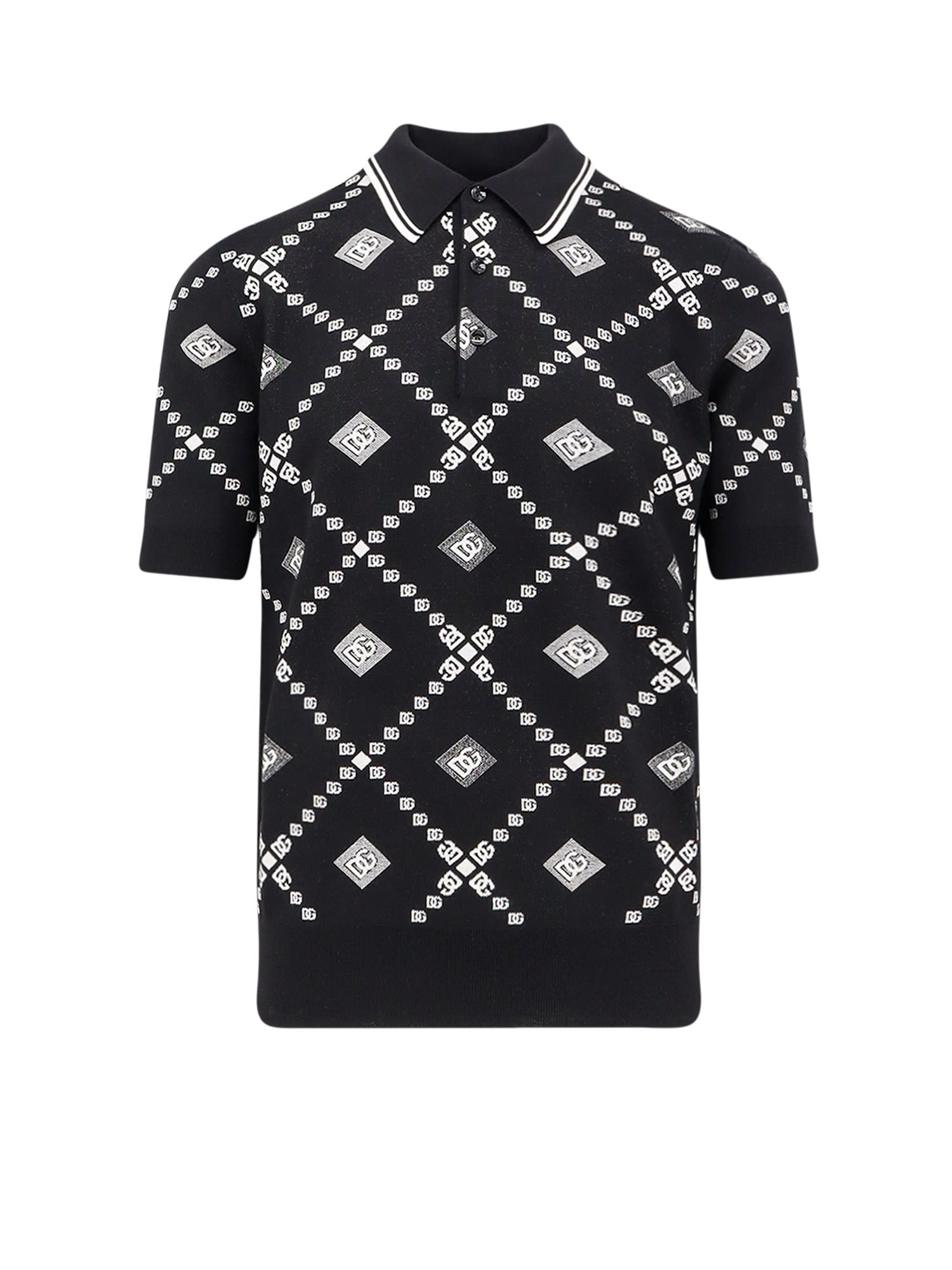 Dolce & Gabbana Men Wool And Silk Polo Shirt With Logo Monogram In Black