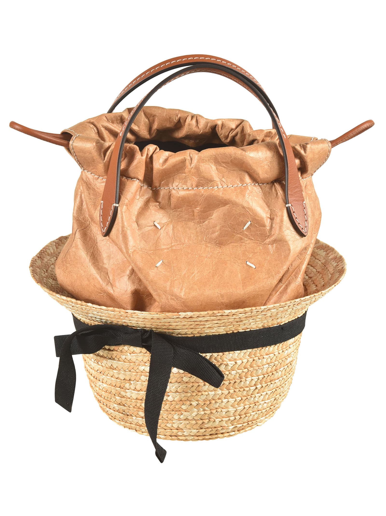 Shop Maison Margiela Weaved Hat Detail Drawstringed Bucket Bag In Natural/brown