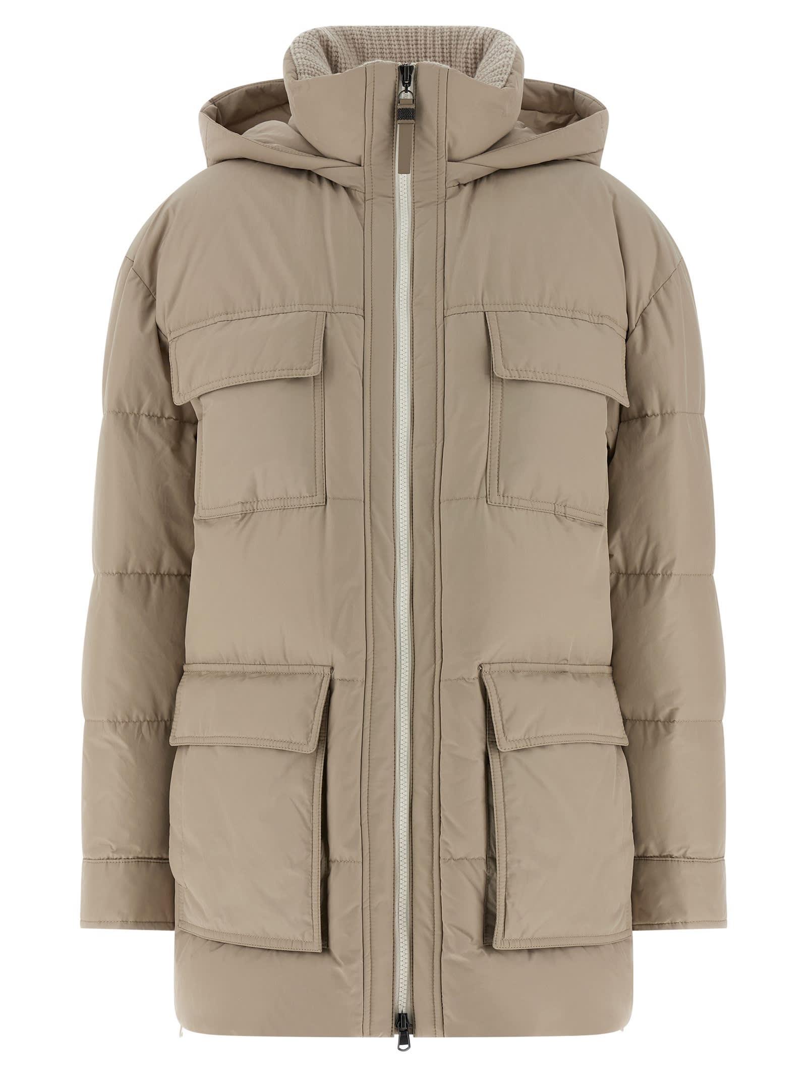 Brunello Cucinelli Knitted Neck Down Jacket In Neutral