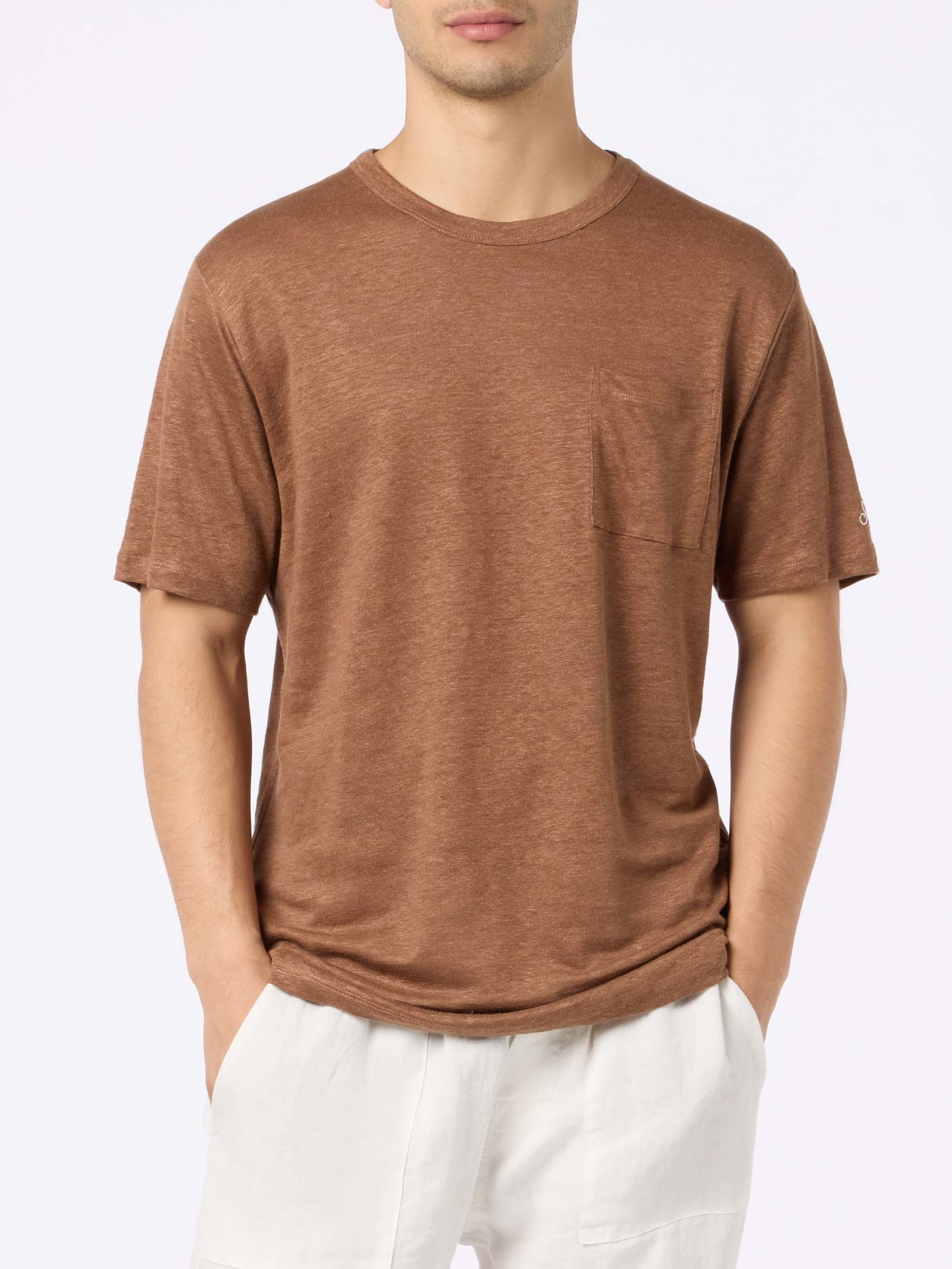 Shop Mc2 Saint Barth Man Brown Linen Jersey T-shirt Ecstasea With Pocket