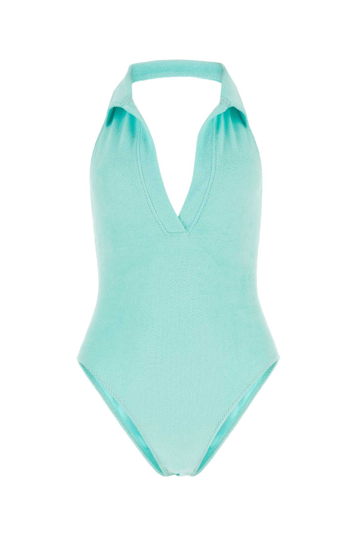Shop Lisa Marie Fernandez Light-blue Stretch Seersucker Polo Maillot Swimsuit In Seafoater