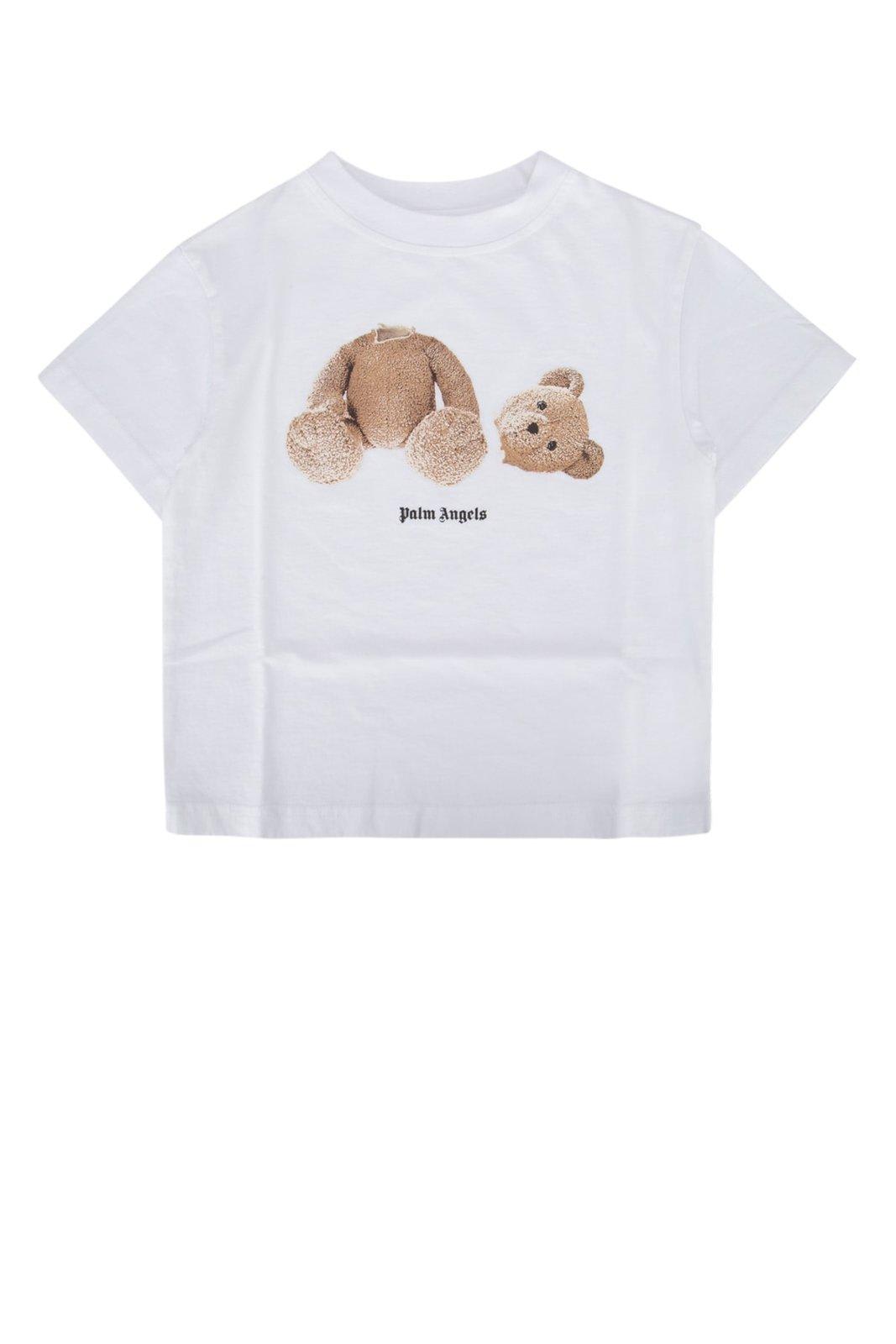 Palm Angels Kids' Bear Printed Crewneck T-shirt In White