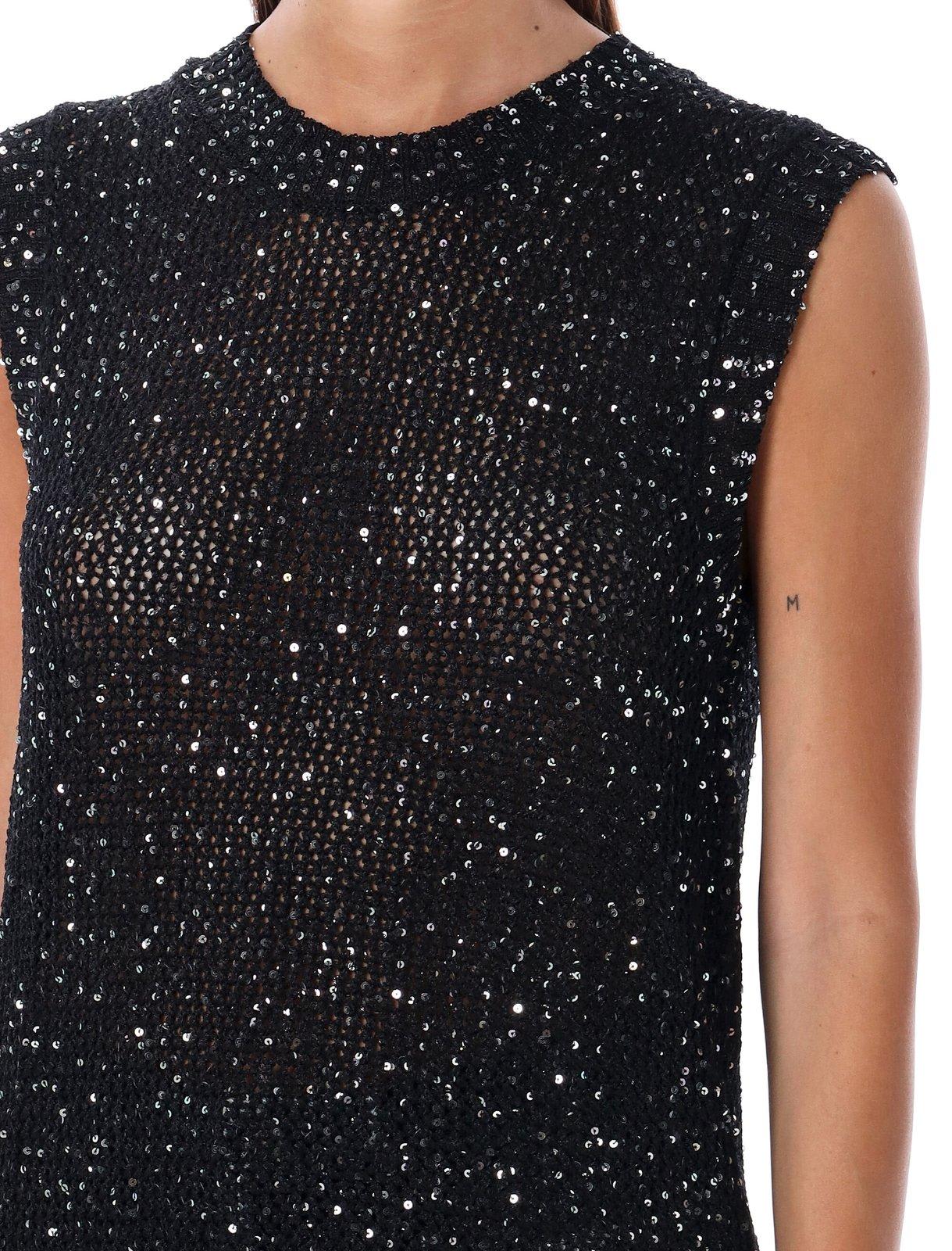 Shop Golden Goose Sequined Mesh Knitted Tank Top In Black