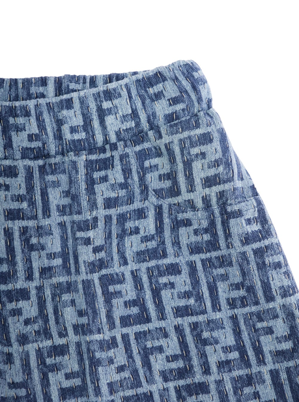 Fendi Blue Bermuda Pants With Elastic Waist And All-over Ff Logo Print In Linen Boy In Blue
