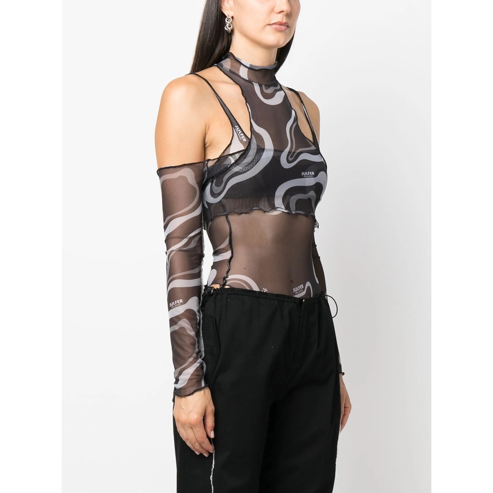Julfer Janet Semi-sheer Layered Bodysuit In Black