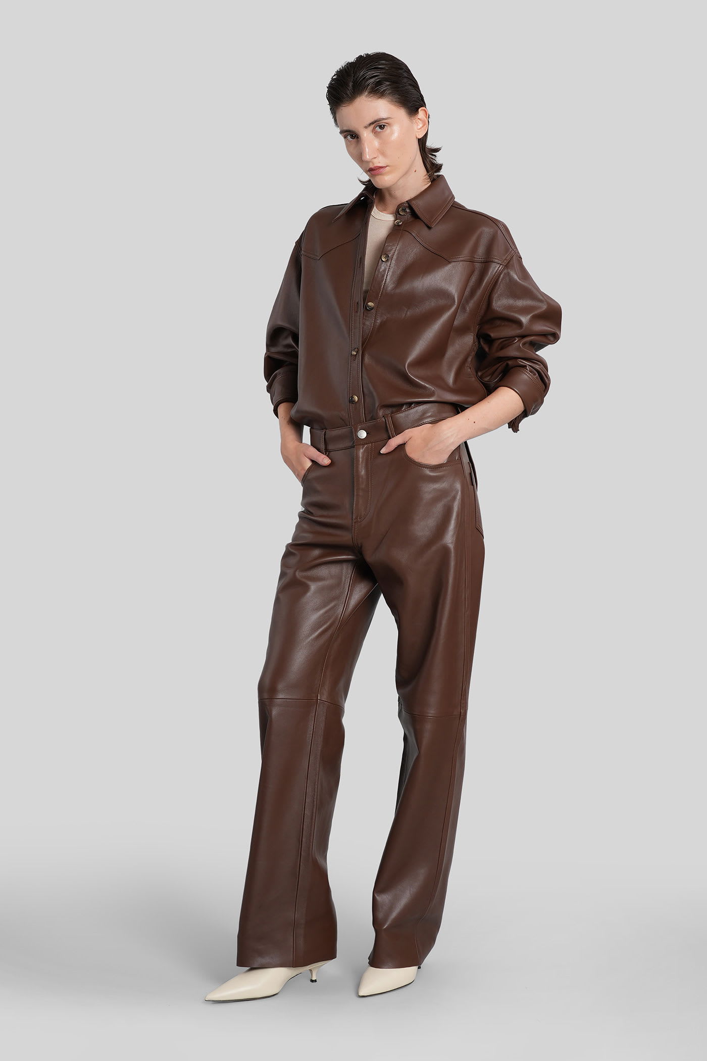 Haikure Belty Leather Jacket In Brown Leather In Brown