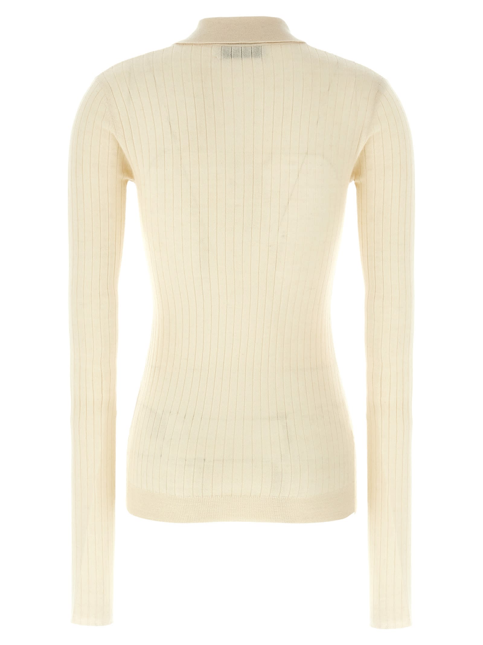 Attico Collared Ribbed Knit Sweater With Long Sleeves In White