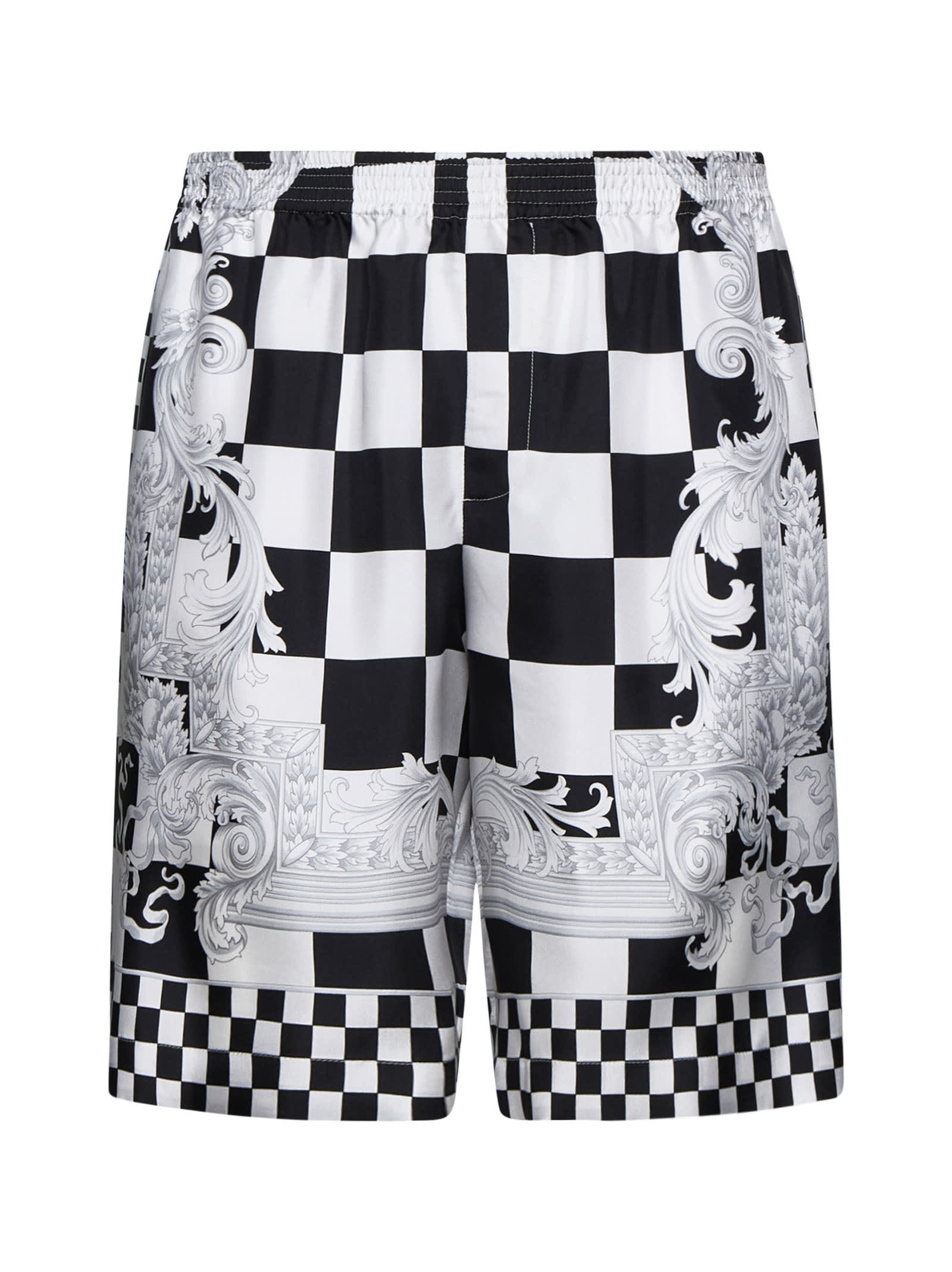 Shop Versace Shorts In Black+white+silver