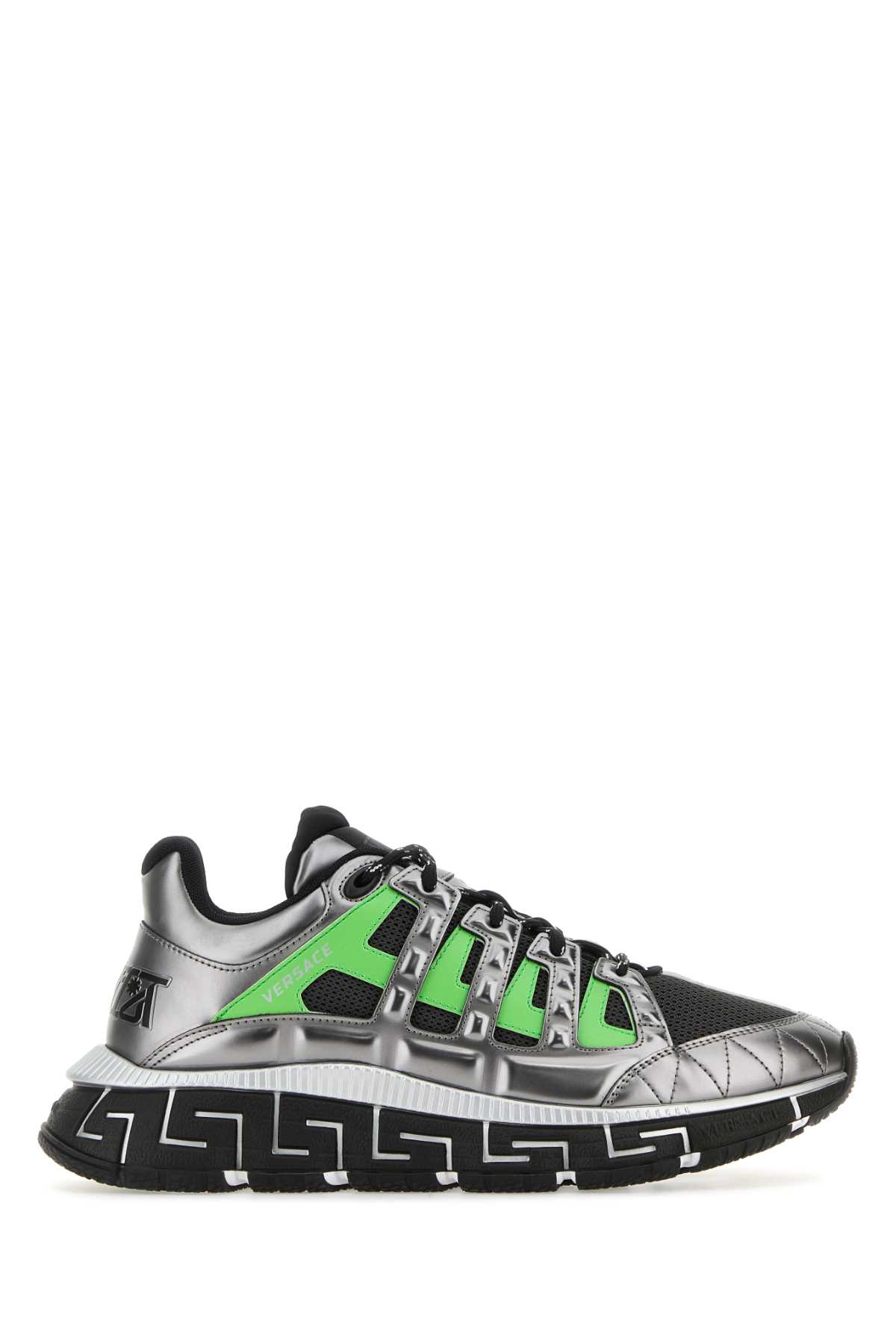 Versace Multicolor Fabric And Leather Trigreca Sneakers In Anthracitegreenblack